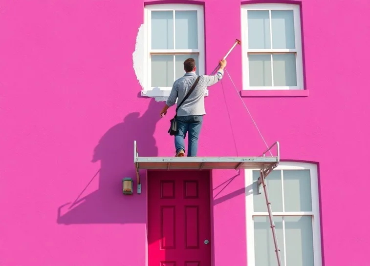 Peintre sur échafaudage traitant la façade d'une maison